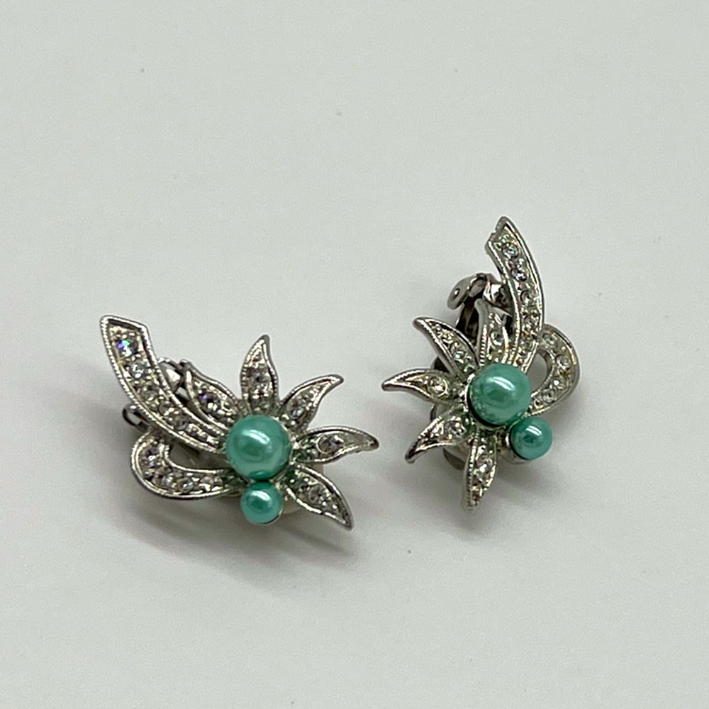 Vintage Clip-on Rhinestone and Blue Pearl Earrings